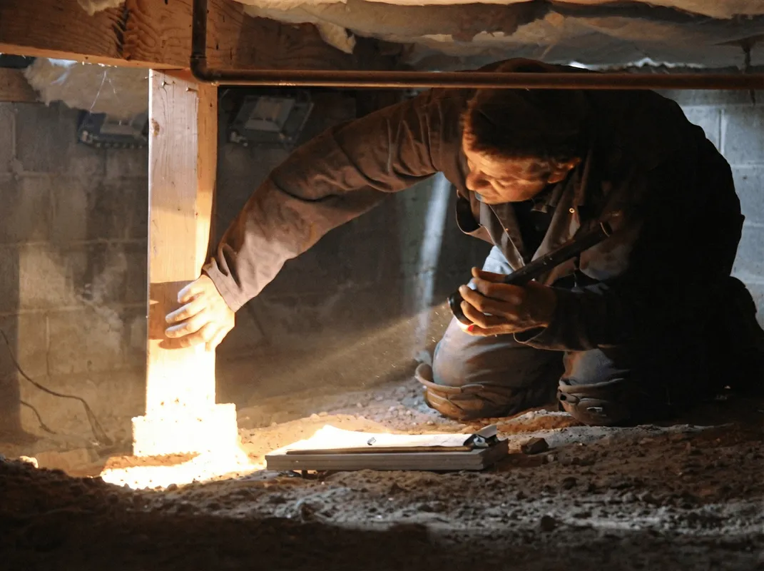 A professional inspecting wooden beams under the floor of a structure in Kansas City, KS